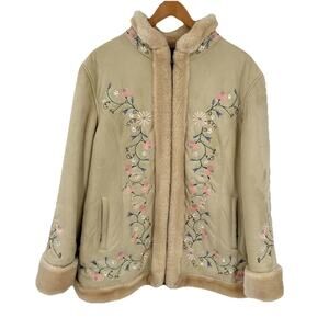Embroidered Floral Faux Vegan Suede Sherpa Lined Boho Western Jacket Coat LARGE